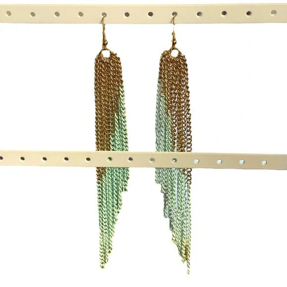 Gold and Mint Green Chain Tassel Fashion Earrings - Picture 4 of 5
